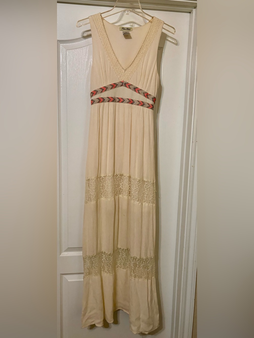 Flying Tomato Cream Maxi Dress with Coral and Gray Embroidered Band